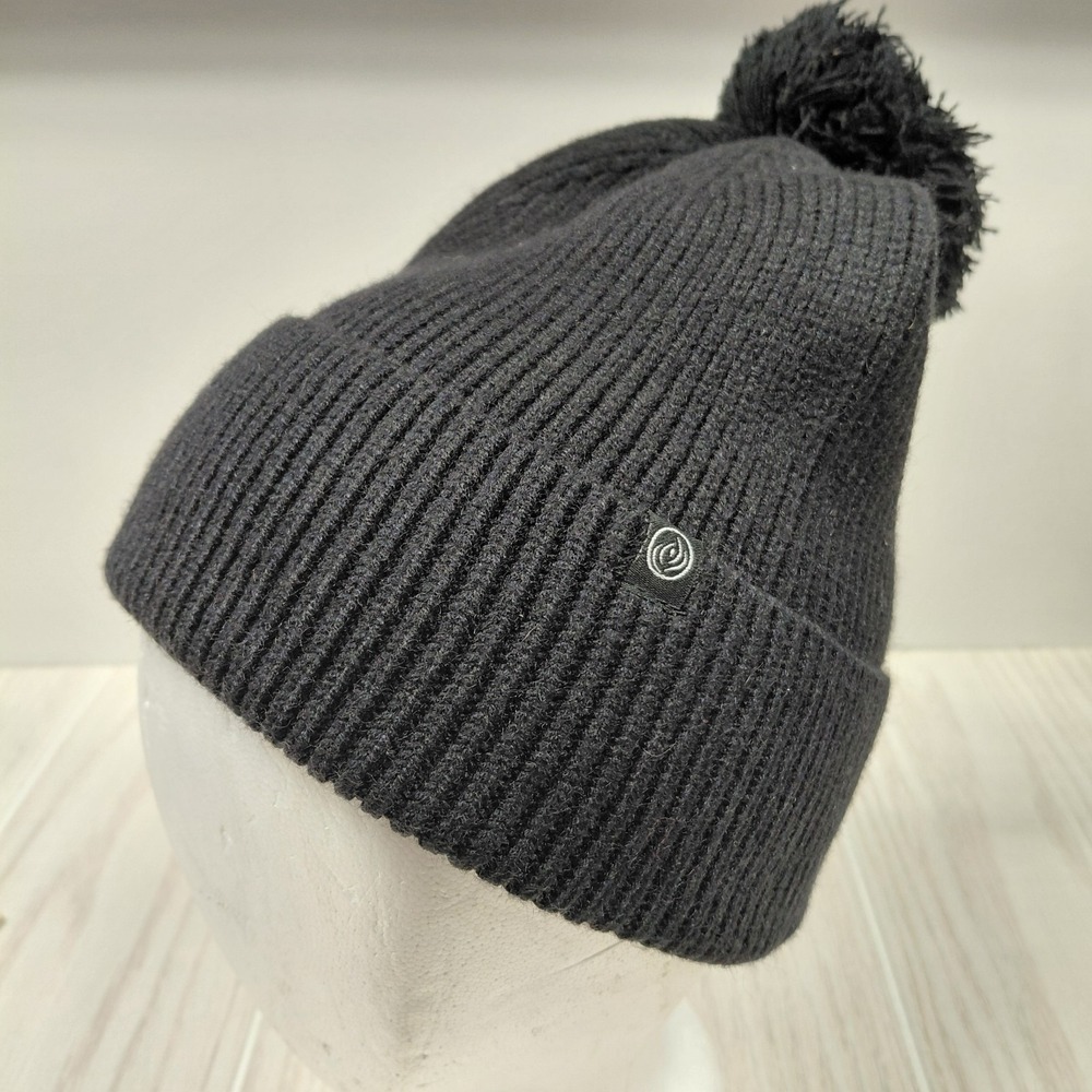 Apana NAMASTE Black‎ Cuffed Knit Adult Pom Beanie Hat Cap
